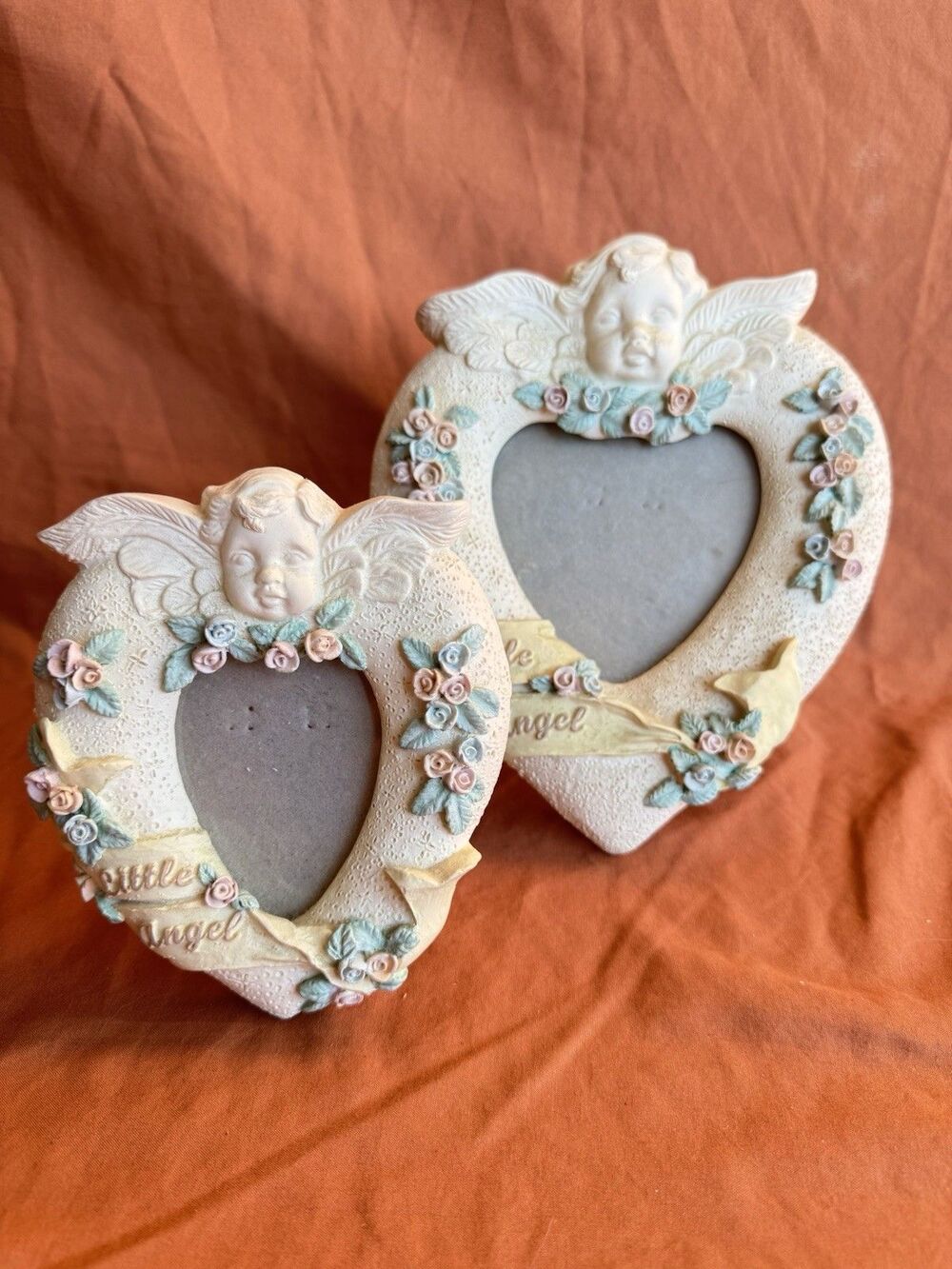set of two little celestial angel ceramic picture frames 5 inches and 8 inches